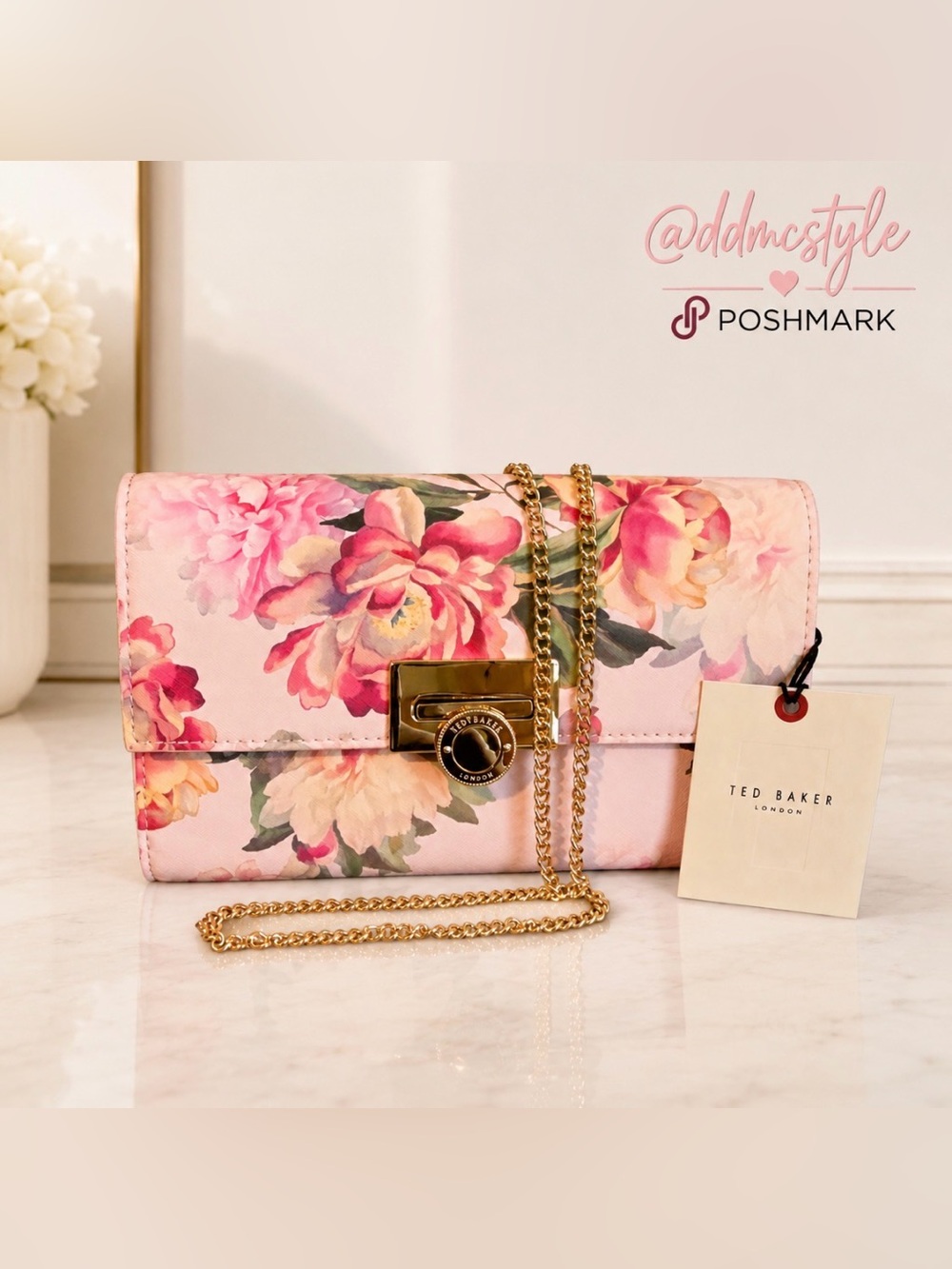 Ted Baker Pink Floral Chain Crossbody Bag with Gold Hardware - Picture 14 of 15